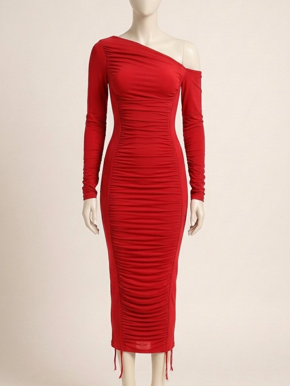 Hawthaw Red Striped Bodycon Long Dress M Ruched Asymmetrical Neck
